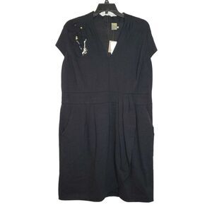 NEW CJ Banks Taylor Dress 18W Black Beaded Faux Wrap Cap Sleeve Sheath V Neck